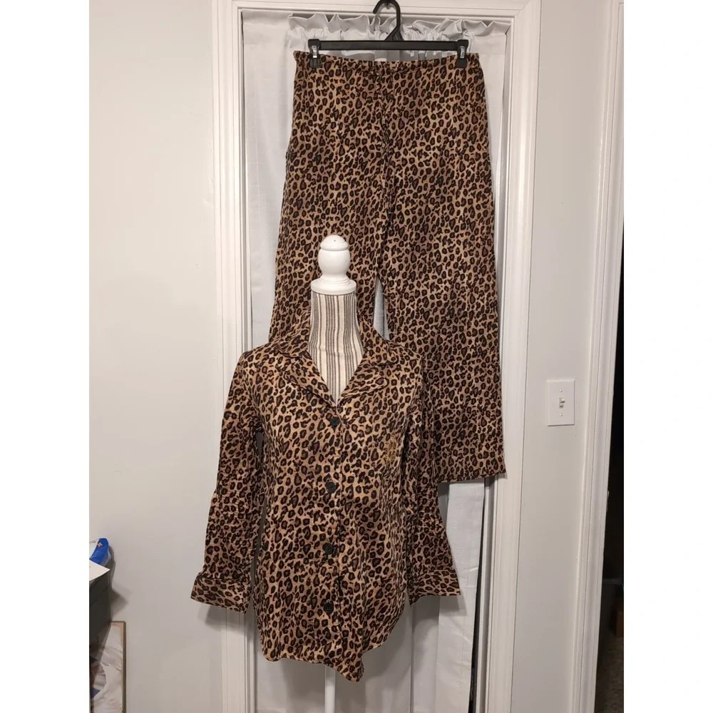Lauren Ralph Lauren Womens Medium Leopard Print Monogram Pajama‎ Set